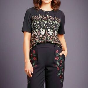 Per Una Black Floral Short Sleeve Top Cottagecore XSmall